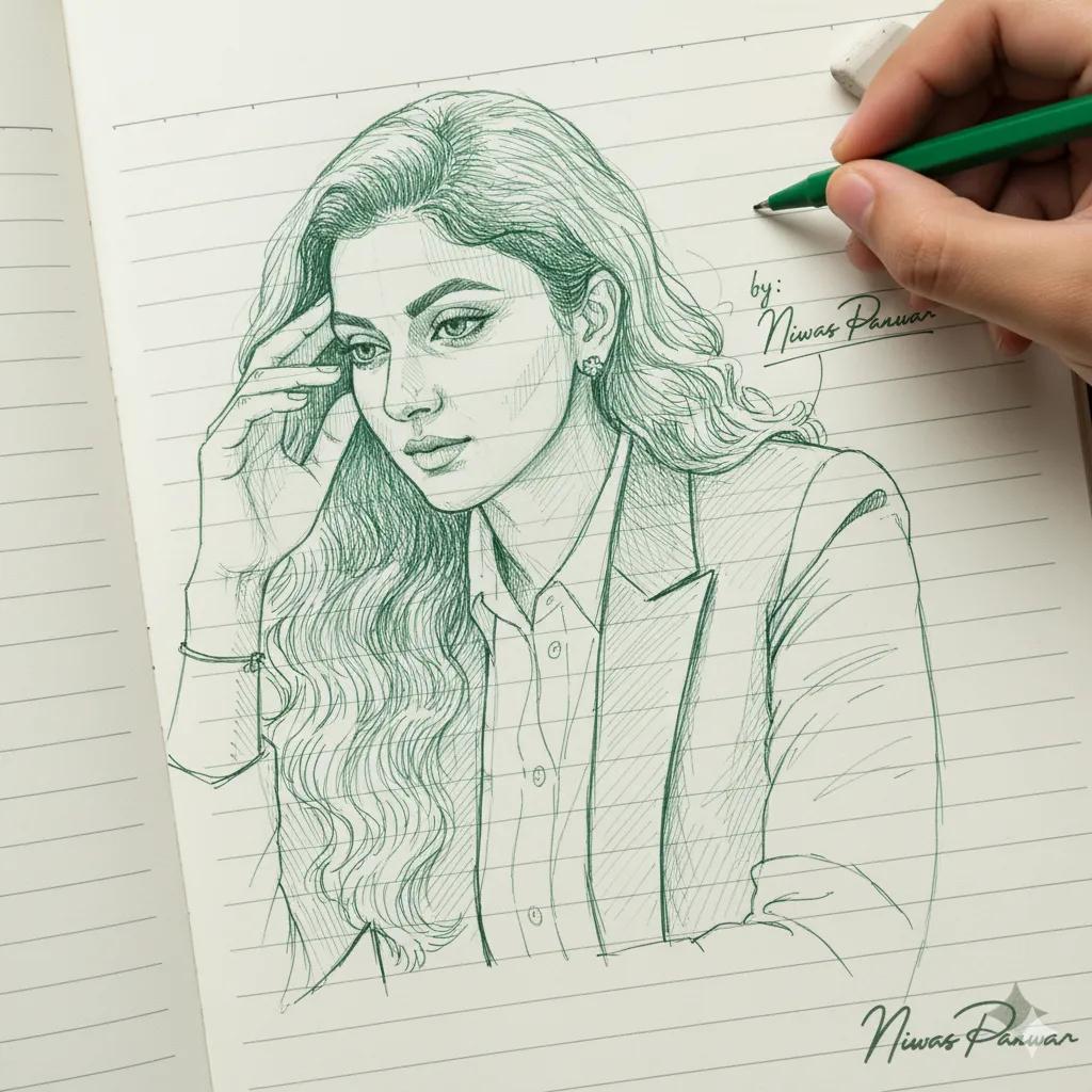 Notebook-style AI sketch of human face with pen