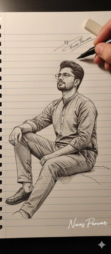 Artist hand drawing portrait in green and white ink