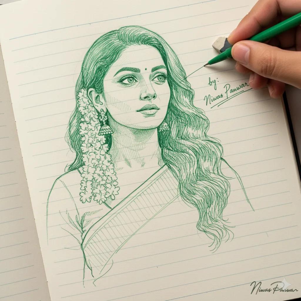 Green and white line drawing of a realistic face