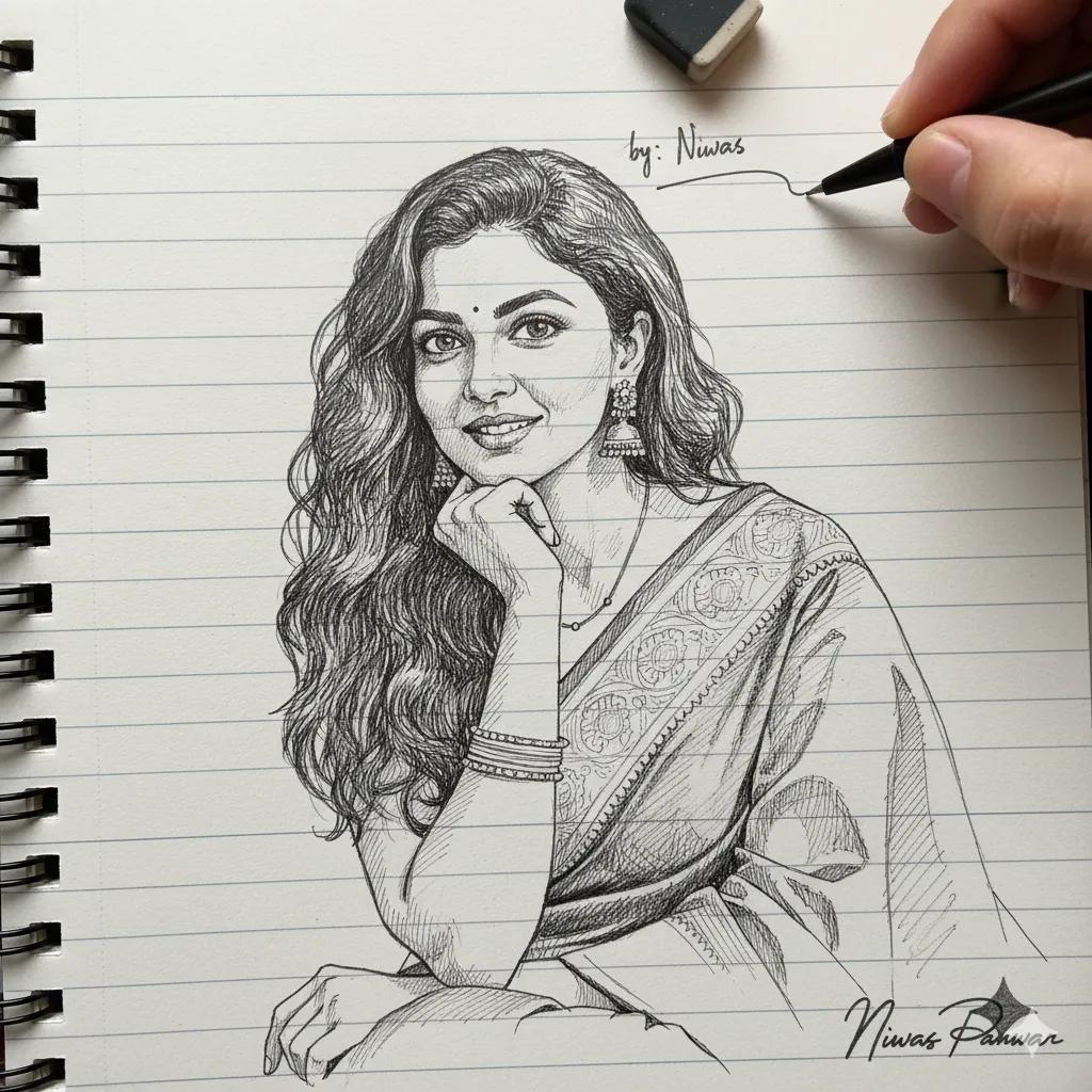 AI ink sketch of portrait with pen and eraser on notebook background
