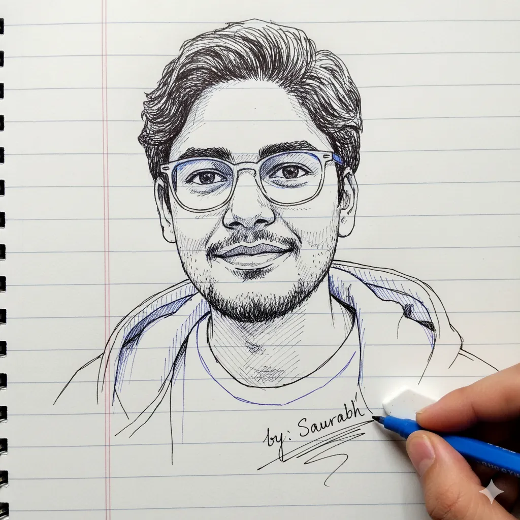 Detailed pencil sketch of a face with intricate line work on a notebook page, right hand holding a pen and eraser.