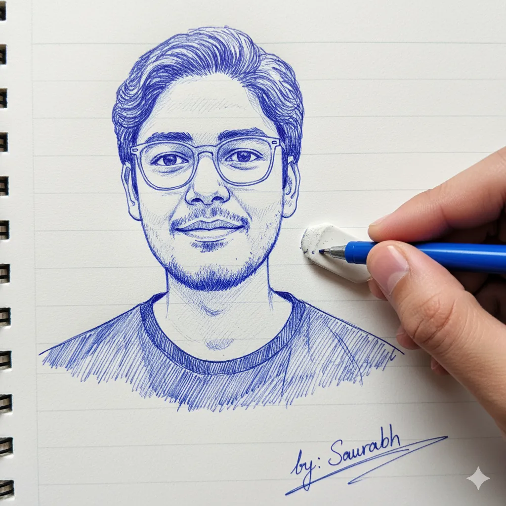 Realistic pencil sketch portrait with a hand drawing on lined paper, featuring fine details and shading.