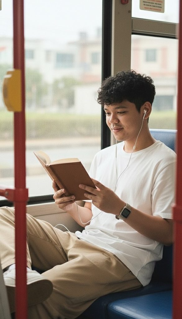 AI-generated ultra-realistic portrait of a person reading on a city bus, inspired by Korean drama slice-of-life style, showing soft natural lighting, warm tones, and cinematic everyday mood.