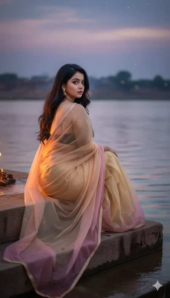 A woman wearing a transparent gold-pink bordered saree sitting by a lakeside staircase at dusk