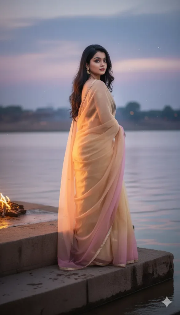 Cinematic portrait of a woman wearing a flowing saree with golden hues, gazing over her shoulder