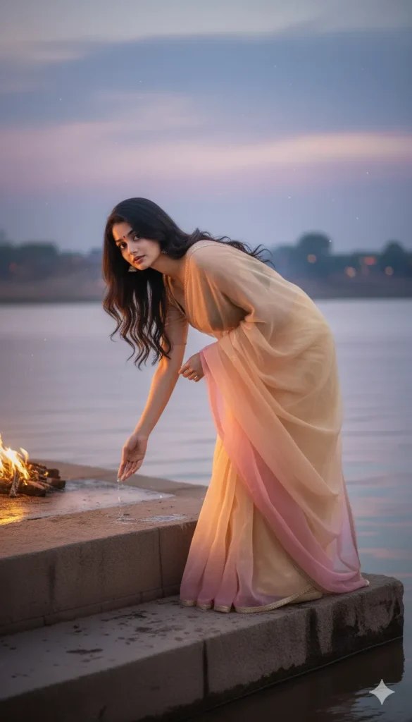 A woman in a transparent gold-pink bordered saree sitting by a lakeside staircase at dusk.