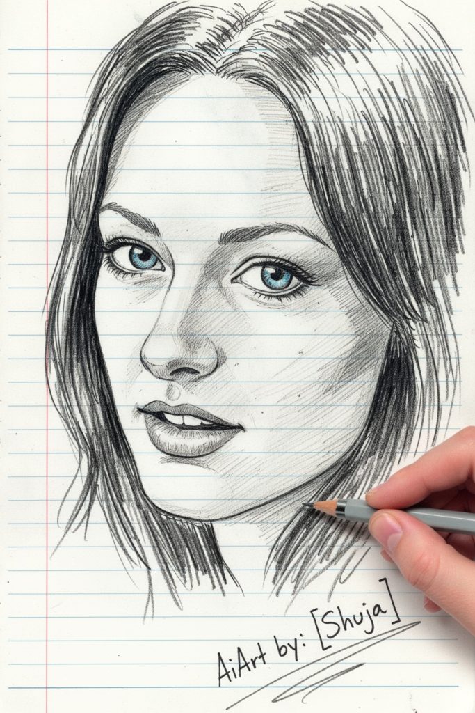 Intricate pencil drawing of a face on notebook paper, including a right hand holding drawing tools.