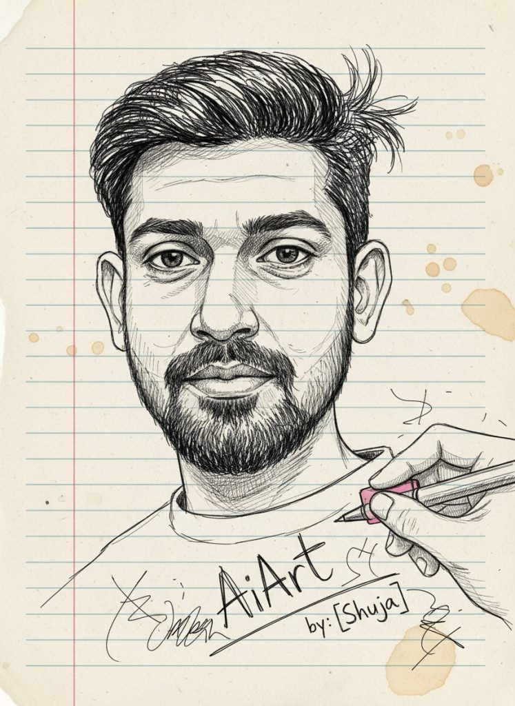 Black and white pencil sketch of a face with detailed shading, hand sketching on a notebook background.