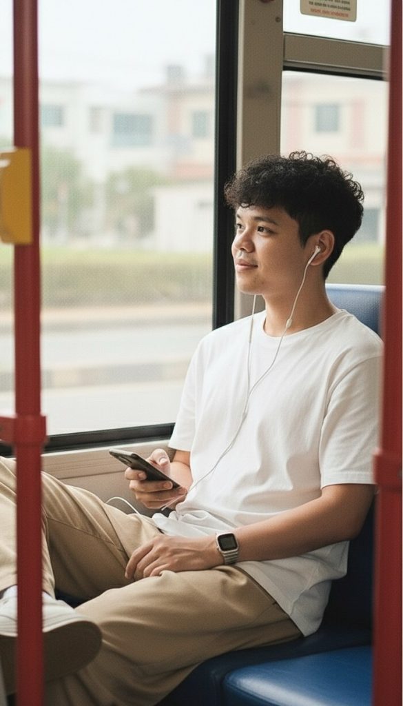 Dreamy lifestyle portrait of a person on a bus seat, reading a book near the window, created using AI photo editing with cinematic lighting and soft depth of field.