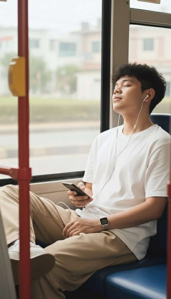 Editorial-style AI image of a relaxed subject on a red-pole city bus, captured with simulated 50mm DSLR settings, featuring soft daylight, smooth skin tones, and blurred background city view.